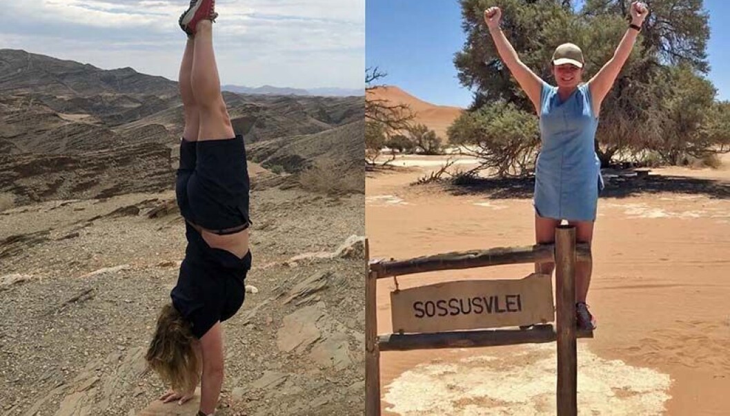 HØYT OPPE: Et av de fjerne feriemålene som Eli Hermine Heyerdahl Eide har fått med seg, er Namibia – her «det årlige stå på hendene-bildet» fra et fjellpass, og et bilde fra ørkenen i 46 grader. FOTO: PRIVAT
HØYT OPPE: Et av de fjerne feriemålene som Eli Hermine Heyerdahl Eide har fått med seg, er Namibia – her «det årlige stå på hendene-bildet» fra et fjellpass, og et bilde fra ørkenen i 46 grader. FOTO: PRIVAT