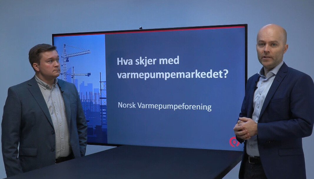 OPPDATERTE: David Lund (til venstre) og Rolf Iver Mytting Hagemoen stadfester at varmepumpesalget i år ikke har falt med mer enn 11 prosent fra rekordåret 2019. OPPDATERTE: David Lund (til venstre) og Rolf Iver Mytting Hagemoen stadfester at varmepumpesalget i år ikke har falt med mer enn 11 prosent fra rekordåret 2019.