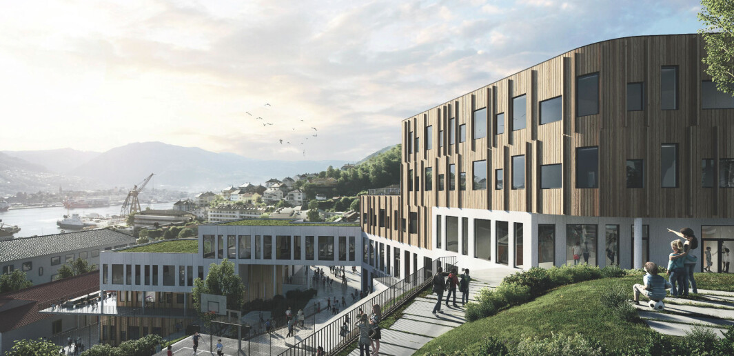 LIGGER FINT: Nye Holen skole ligger fint til på Laksevåg, med utsikt over Puddefjorden til Bergen sentrum. LIGGER FINT: Nye Holen skole ligger fint til på Laksevåg, med utsikt over Puddefjorden til Bergen sentrum.