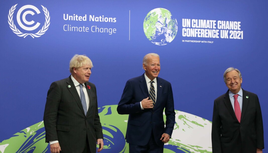 TOPPMØTE: Verdenslederne – her representert ved Boris Johnson, Joe Biden og António Guterres – må peke på hvordan varmepumper kan bidra til å redde klimaet, ber produsentene og bransjeorganisasjonen om.