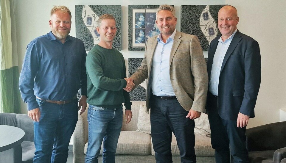 OPPKJØP: Kåre Henning Åsly (Instalco), (f.v.) Vidar Mong (daglig leder i URD Klima Sandnes AS), Roger Aksnes (divisjonssjef for Instalco Norge) og Geir Andersen (Instalco).