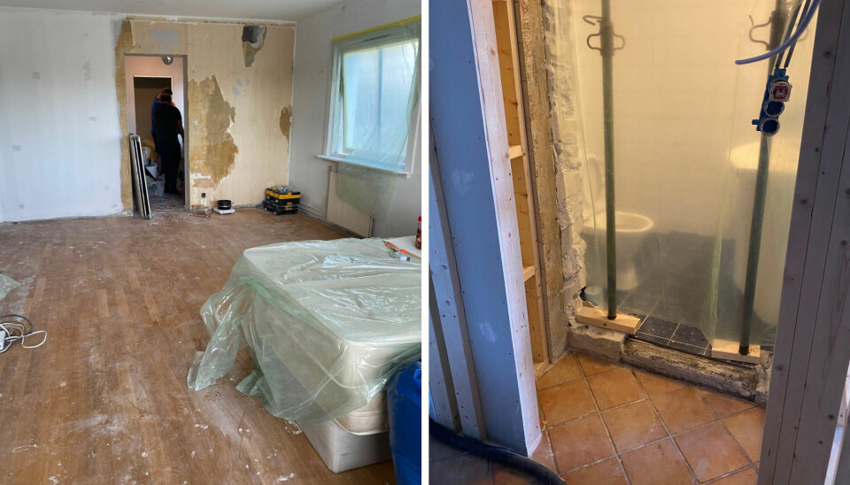 FOR DÅRLIG: Tre arbeidstagere på denne byggeplassen på Østlandet delte et rom på selve byggeplassen. De sov på madrasser, og foran badet var det bare et plastforheng. Dette er for dårlig, ifølge Arbeidstilsynet, som vedtok stans.
