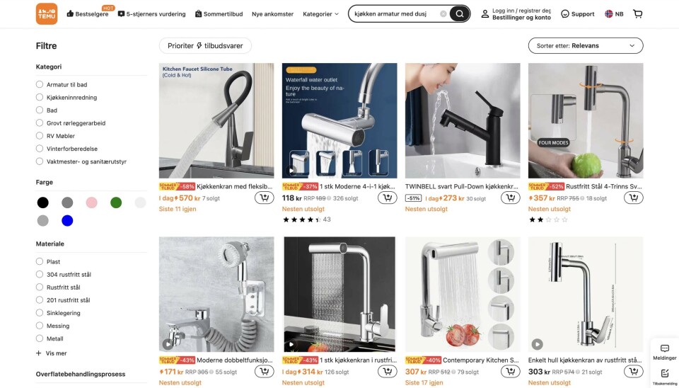 BILLIG ER GJERNE DÅRLIG: Temu selger billige produkter, også til vann på badet og kjøkkenet. Men pris og kvalitet henger sammen, advarer Forbrukerrådet. (Produktene på skjermbildet er tilfeldig valgt og ikke vurdert spesifikt)