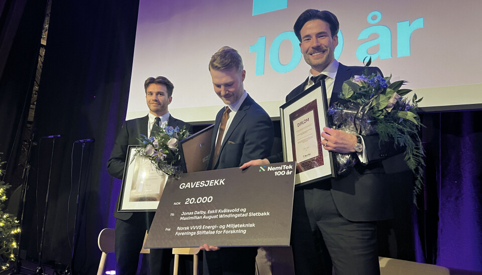 PRISET: De skrev den beste masteroppgaven i energi- og miljøfag – fra venstre Jonas Dalby, Eskil Kvålsvold og Maximilian August Windingstad Sletbakk.