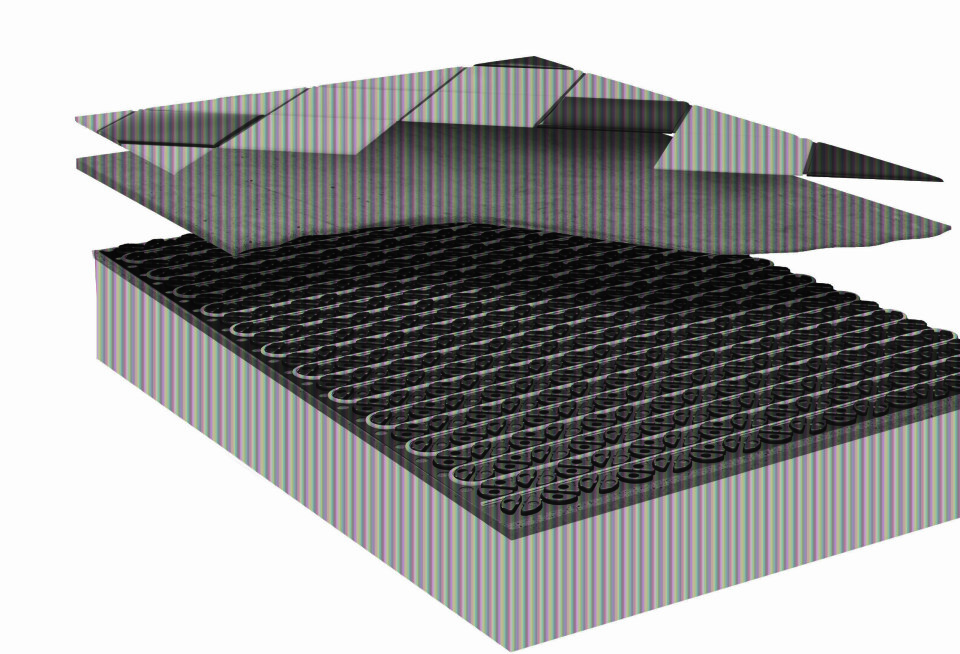 De tynne aluminiumsplatene i systemet sørger for raskere og jevnere varmefordeling, slik at energien utnyttes mer effektivt enn i tradisjonelle betonggulv.