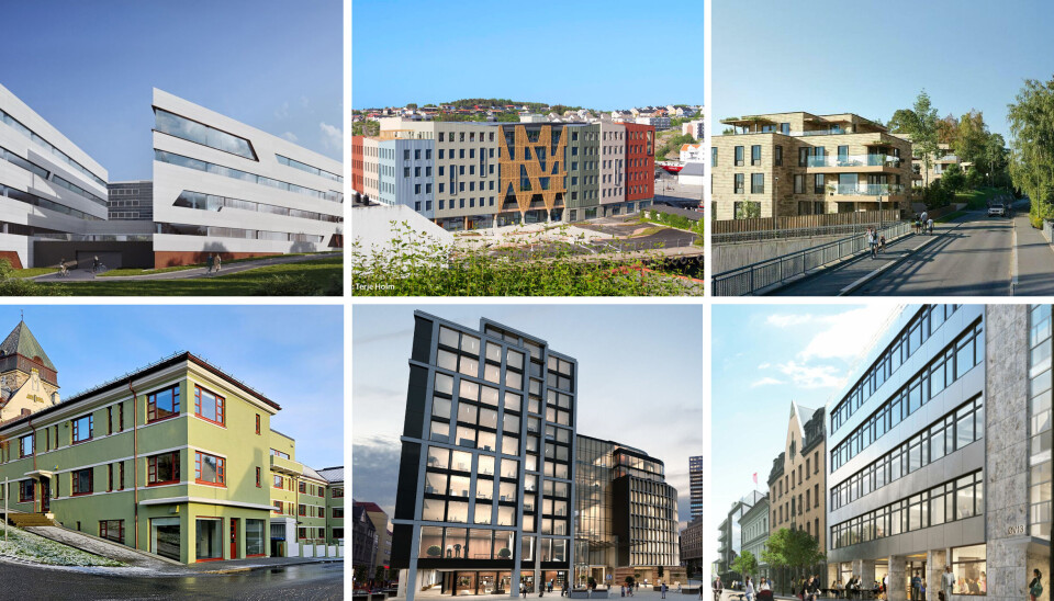 DE NOMINERTE: Øverst fra venstre: Forskningsparken Tromsø - bygg 4, Campus Kristiansund, Fagerlunden, Wasmuthgården, Stenersgata 1-3 og Øvre Vollgate 13.