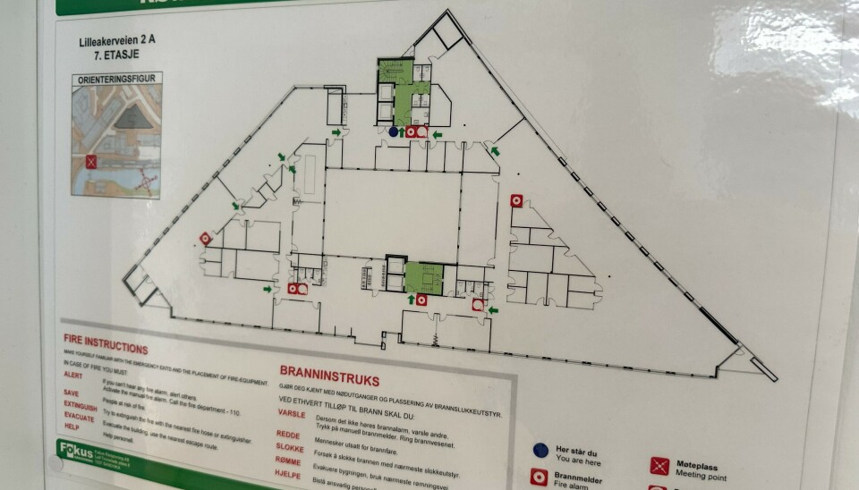 Eksempel på rømningsveitegning med branntekniske symboler.