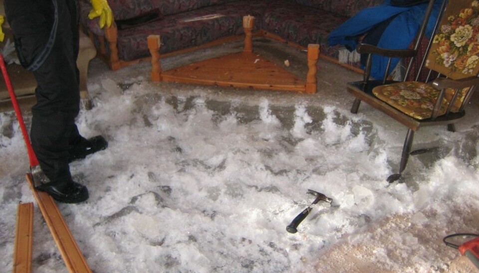 Slik kan en frostskade se ut midt på vinteren. Når våren kommer, blir det vannskader.